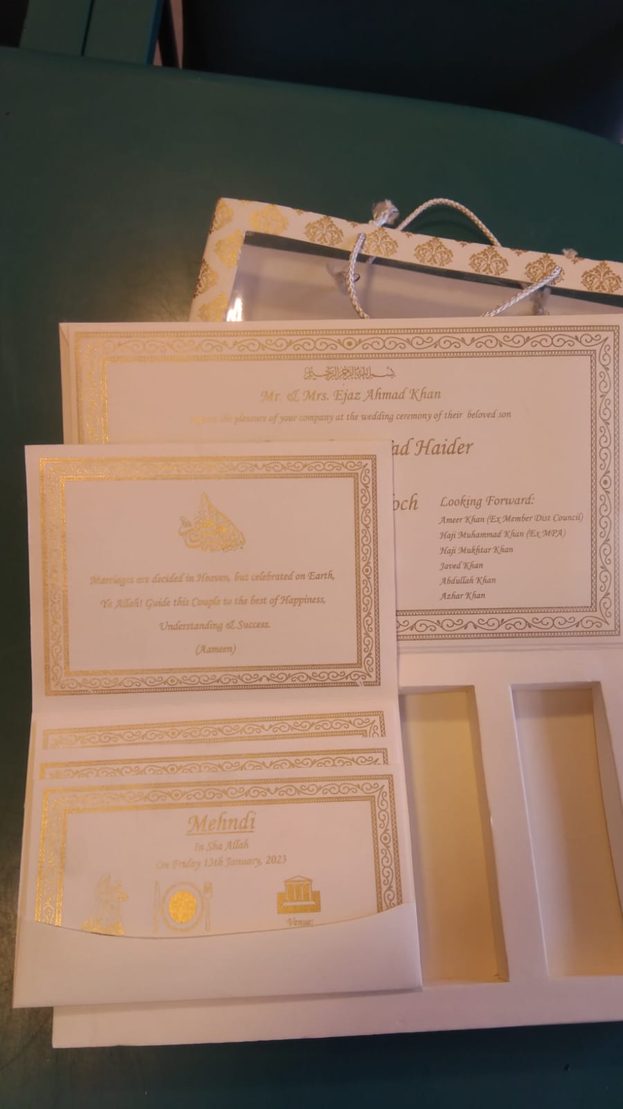 Custom wedding shadi card - elegant damask pattern with gold shimmer