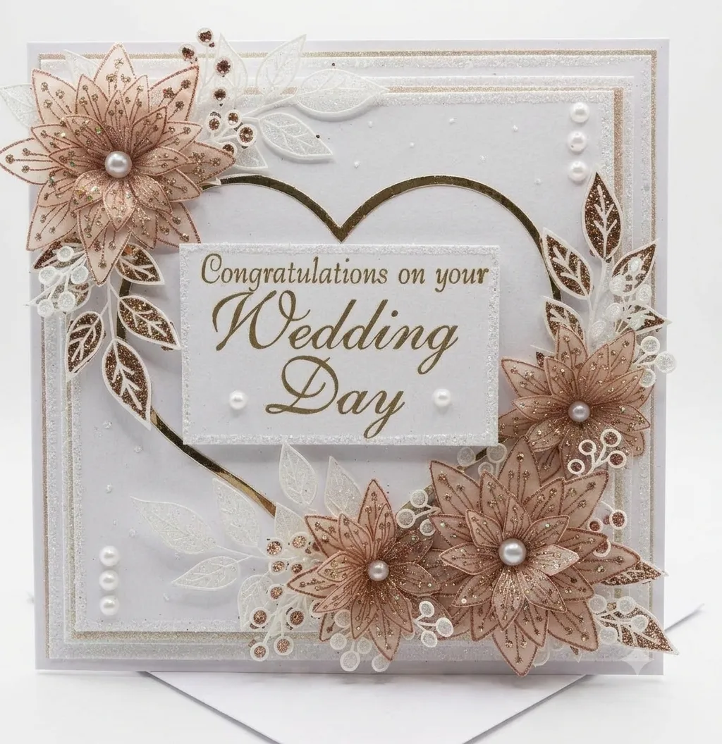 Handmade Wedding Card Invite - 3D pop-up floral design with heart centerpiece