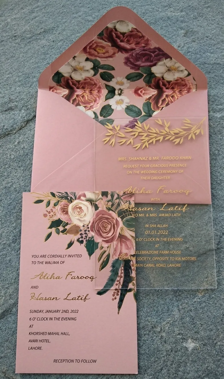 Marriage Invitation Card Design - floral acrylic card with gold foil lettering