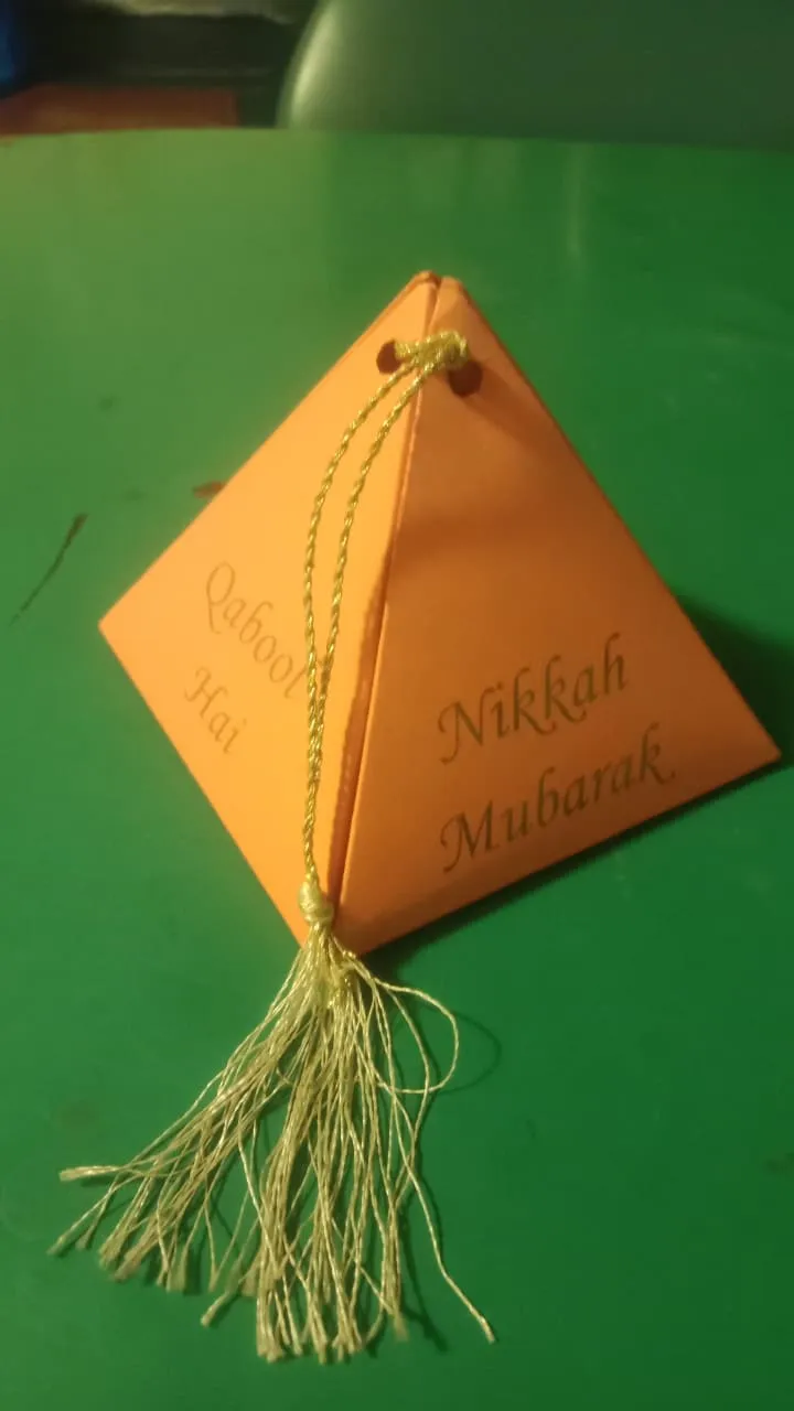 Pyramid bid box with gold tassel and custom calligraphy printing