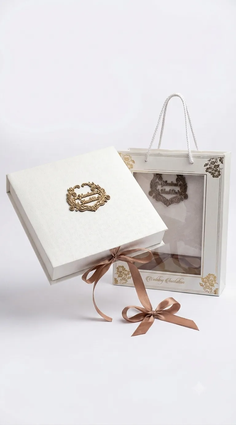 Bag shadi card design - premium box invitation with ribbon closure and floral patterns