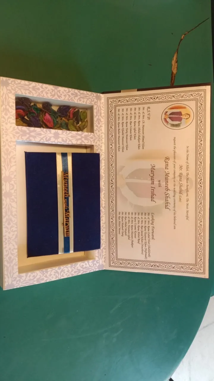 Box wedding invitation with Urdu and English text - complete invitation set
